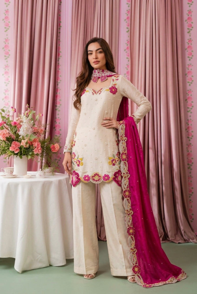 Embroidered Shamoze Silk Pearl Work 3-Piece Suit | Ready To Wear