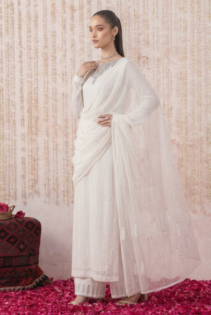 Ivory White Heavy Embroidered Chiffon 3-Piece Suit – Ready to Wear