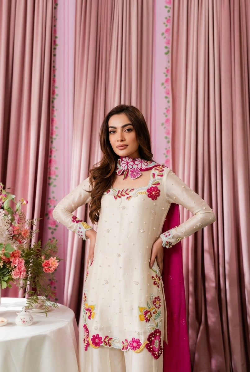 Embroidered Shamoze Silk Pearl Work 3-Piece Suit | Ready To Wear