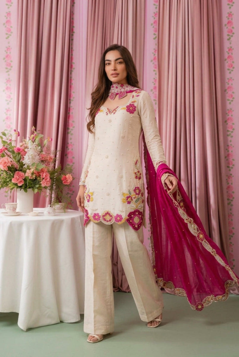 Embroidered Shamoze Silk Pearl Work 3-Piece Suit | Ready To Wear
