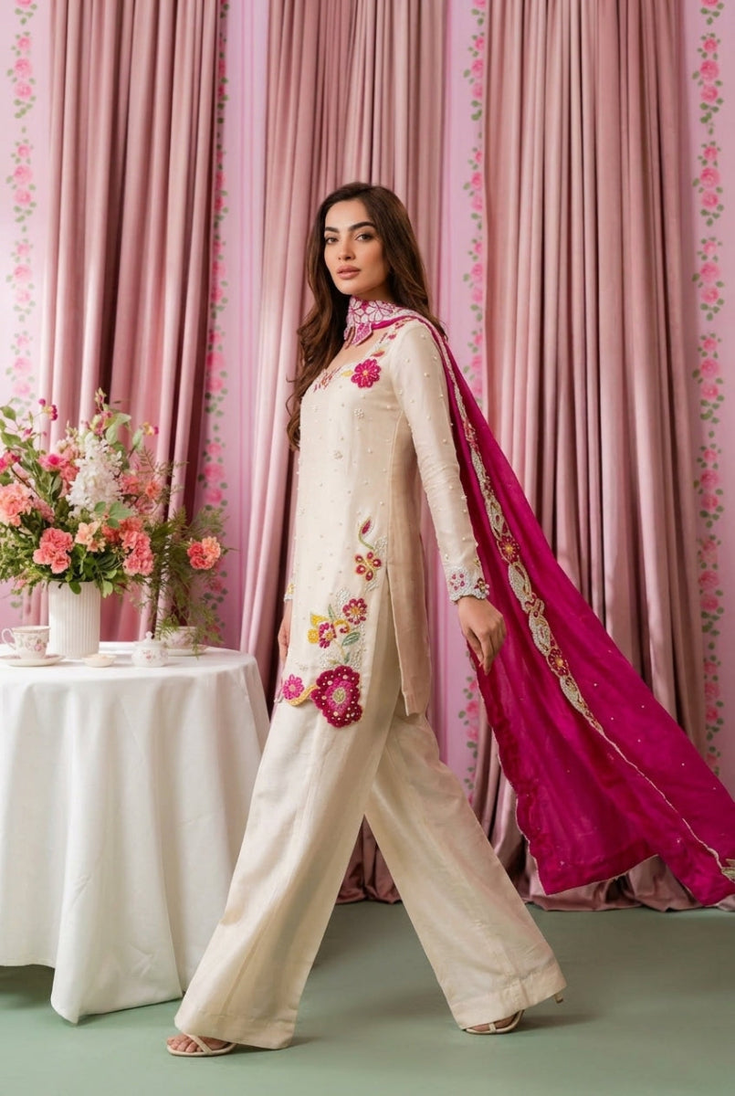 Multi Floral Luxury Shamoz Silk 3-Piece Suit | Ready To Wear