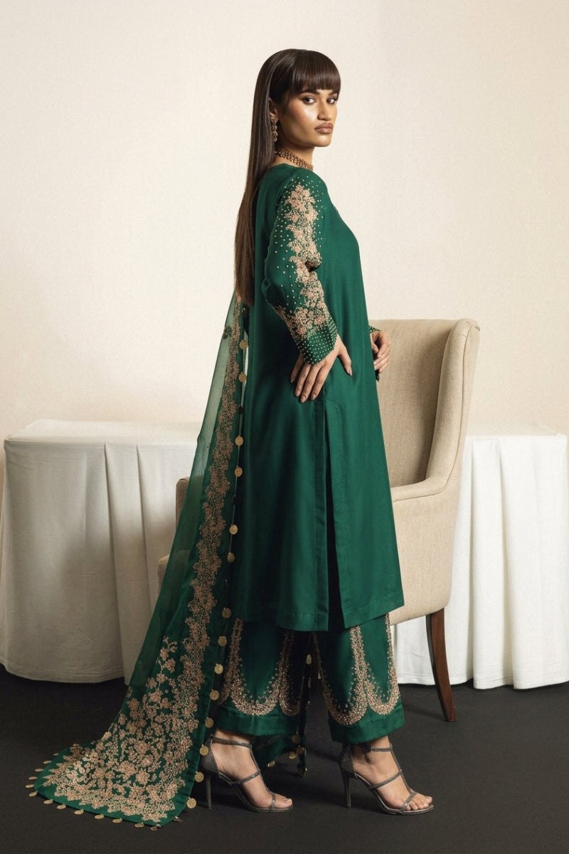 Bottle Green RAW SILK 03-piece suit | Ready To Wear