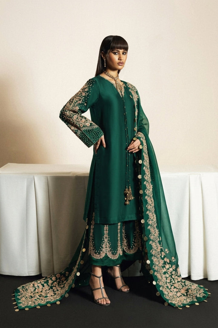 Bottle Green RAW SILK 03-piece suit | Ready To Wear