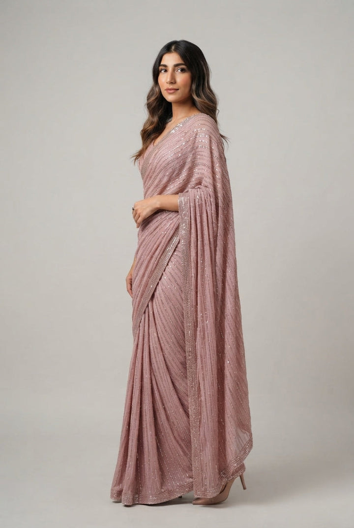 Semi Pure Chiffon Sequence Embroidered Saree  | Ready To Wear