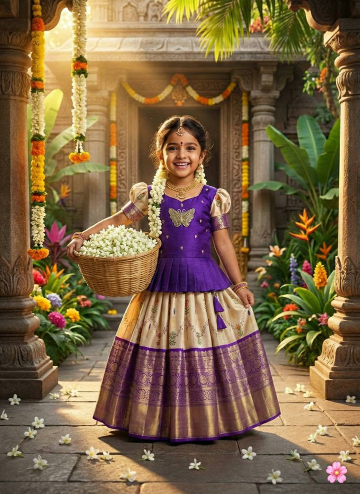 Premium Jacquard Pure Zari Weaving Work Lehenga For Kids
