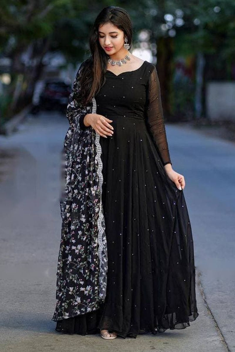 Gown With Digital Print And Heavy Embroidery Work Dupatta Fox Georgette