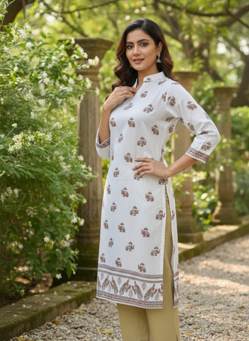 Elegant  Rayon Kurti with Golden Elephant Print and Peacock Border  001