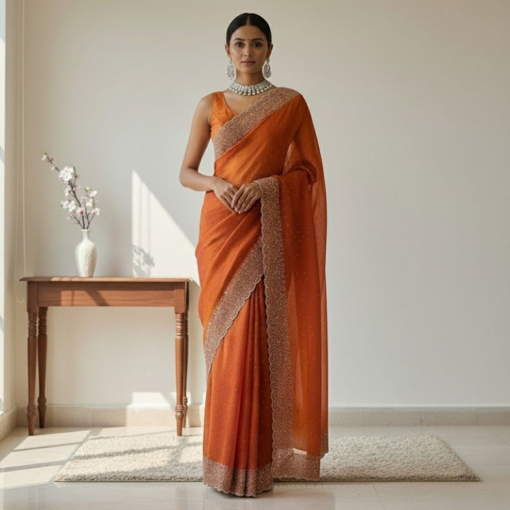 Fendy Silk With Beautiful Stone Work Saree For Women