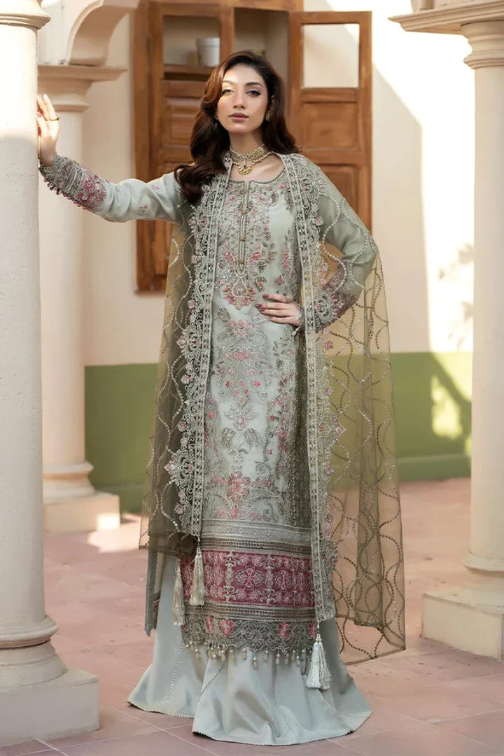 Mint Grey &amp; Mauve Pink: Embroidered Organza Suit | Ready To Wear