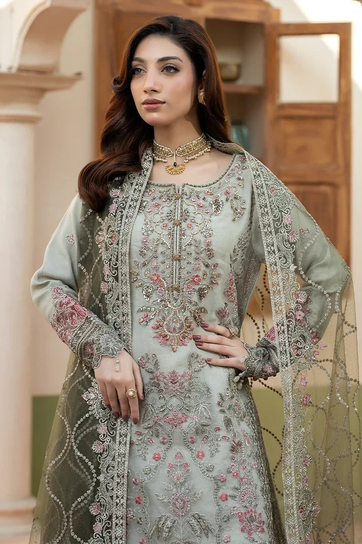 Mint Grey &amp; Mauve Pink: Embroidered Organza Suit | Ready To Wear