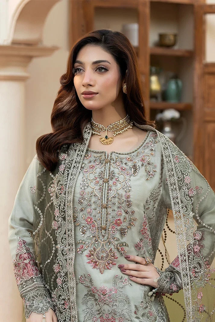 Mint Grey &amp; Mauve Pink: Embroidered Organza Suit | Ready To Wear