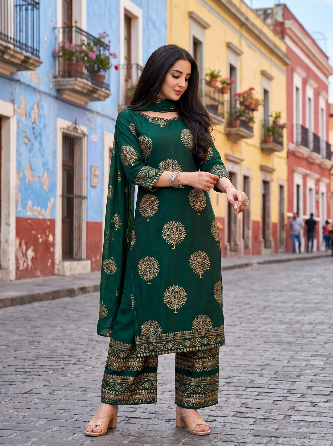 Straight Gold Printed Black Kurti With Palazzo