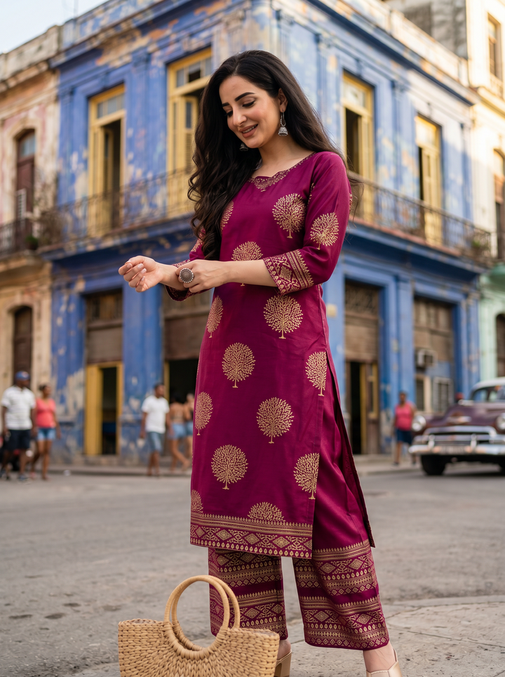 Straight Gold Printed Black Kurti With Palazzo