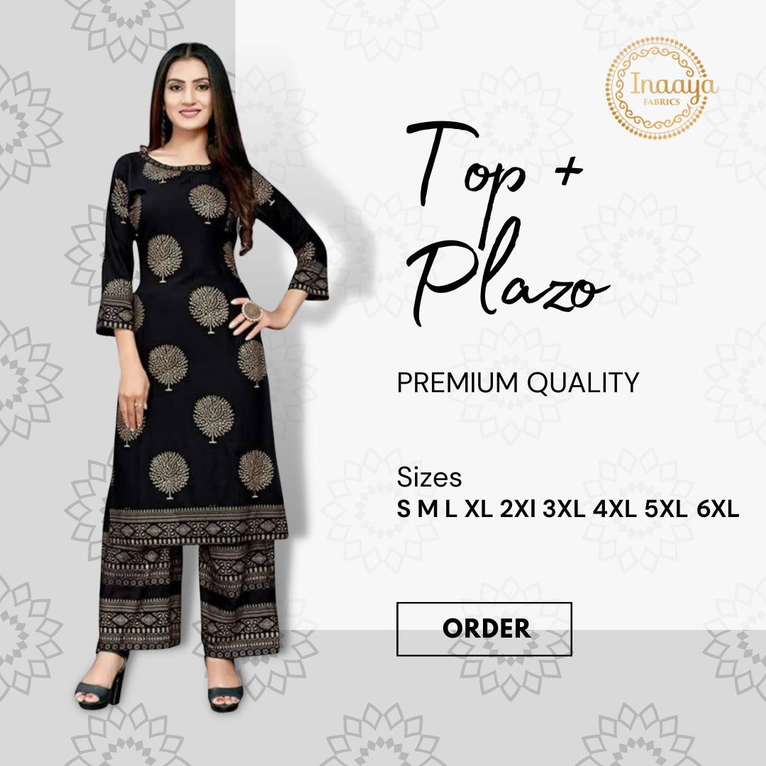 Straight Gold Printed Black Kurti With Palazzo