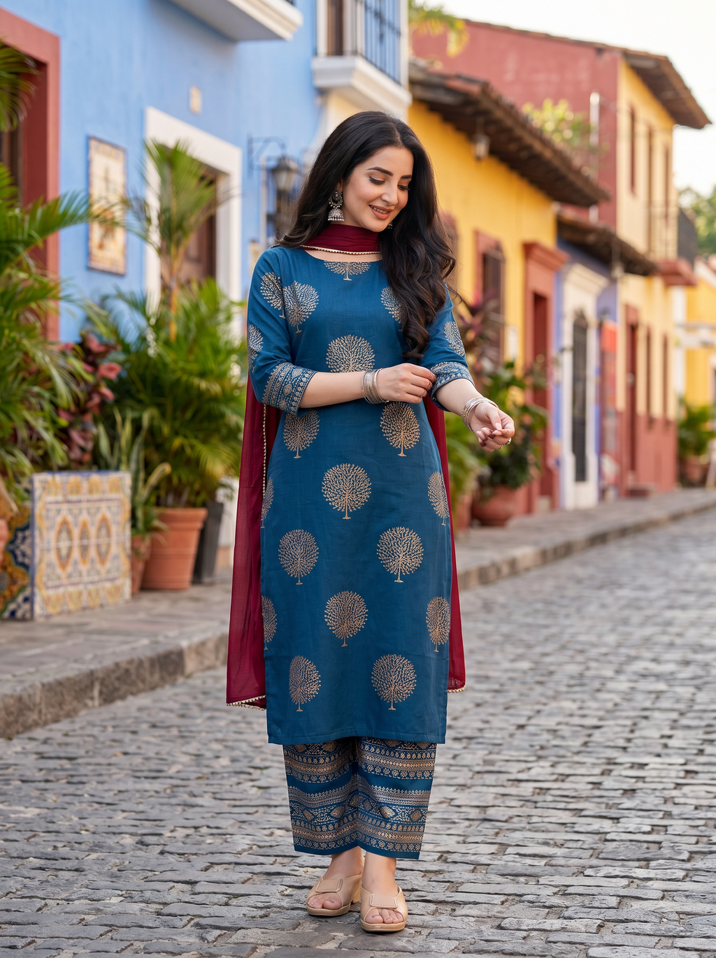 Gold Printed Palazzo 2 Piece Suit