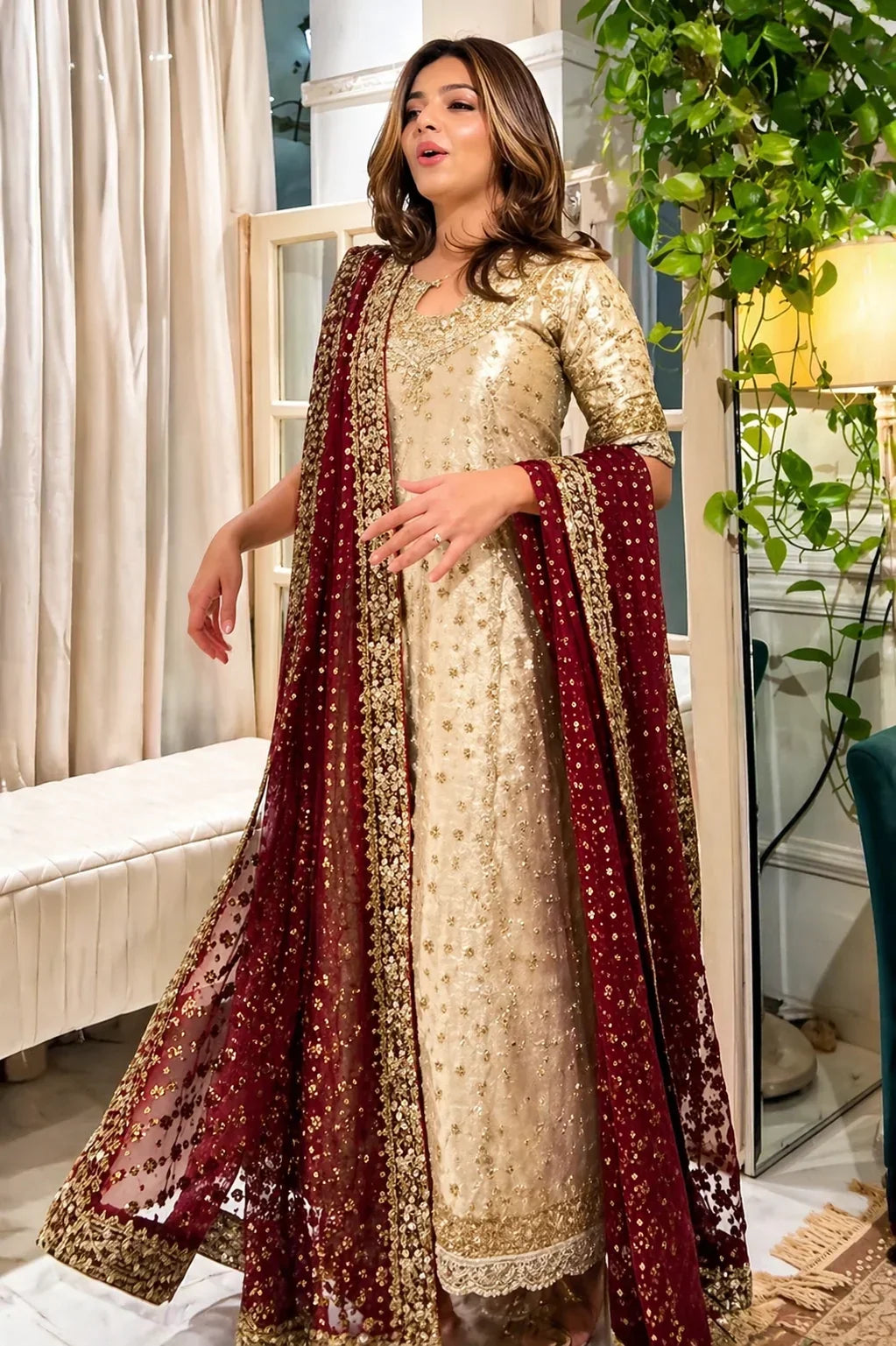 Shimmering Gold &amp; Deep Maroon Embroidered 03-Piece Suit | Ready To Wear