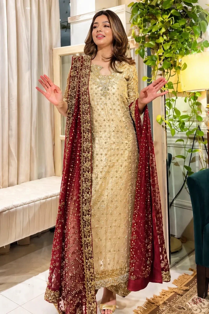 Shimmering Gold &amp; Deep Maroon Embroidered 03-Piece Suit | Ready To Wear