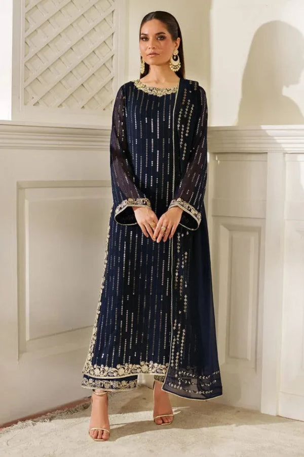 Royal Navy &amp; Gold Accent: Embroidered Chiffon Suit | Ready To Wear