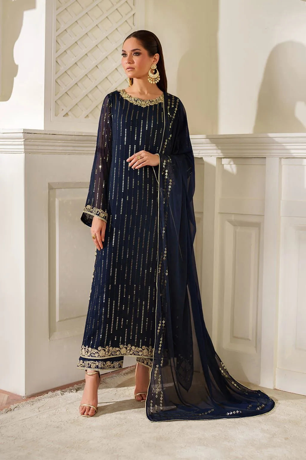 Royal Navy &amp; Gold Accent: Embroidered Chiffon Suit | Ready To Wear