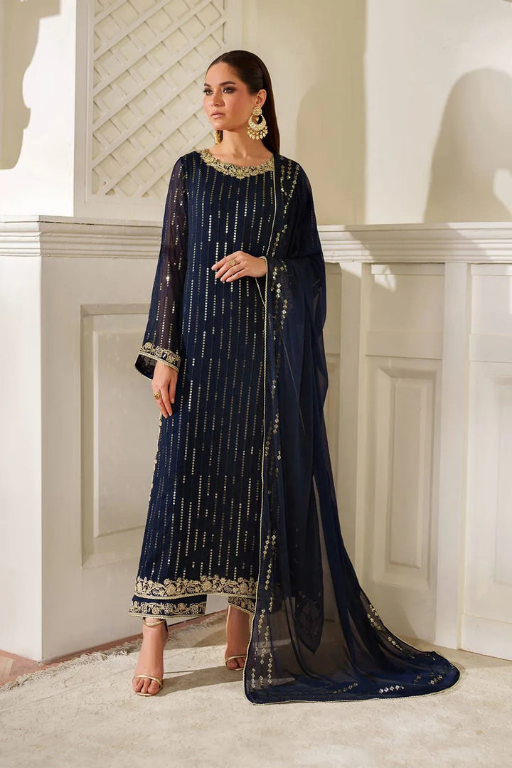 Royal Navy &amp; Gold Accent: Embroidered Chiffon Suit | Ready To Wear
