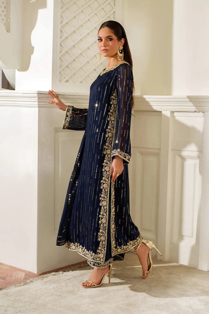 Royal Navy &amp; Gold Accent: Embroidered Chiffon Suit | Ready To Wear