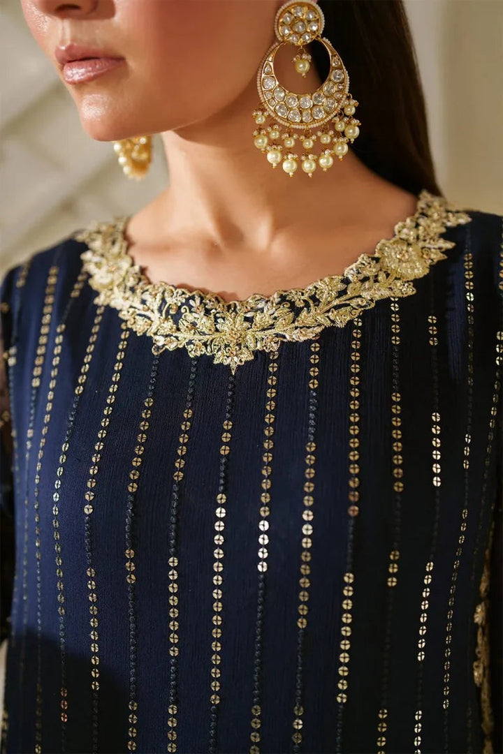 Royal Navy &amp; Gold Accent: Embroidered Chiffon Suit | Ready To Wear