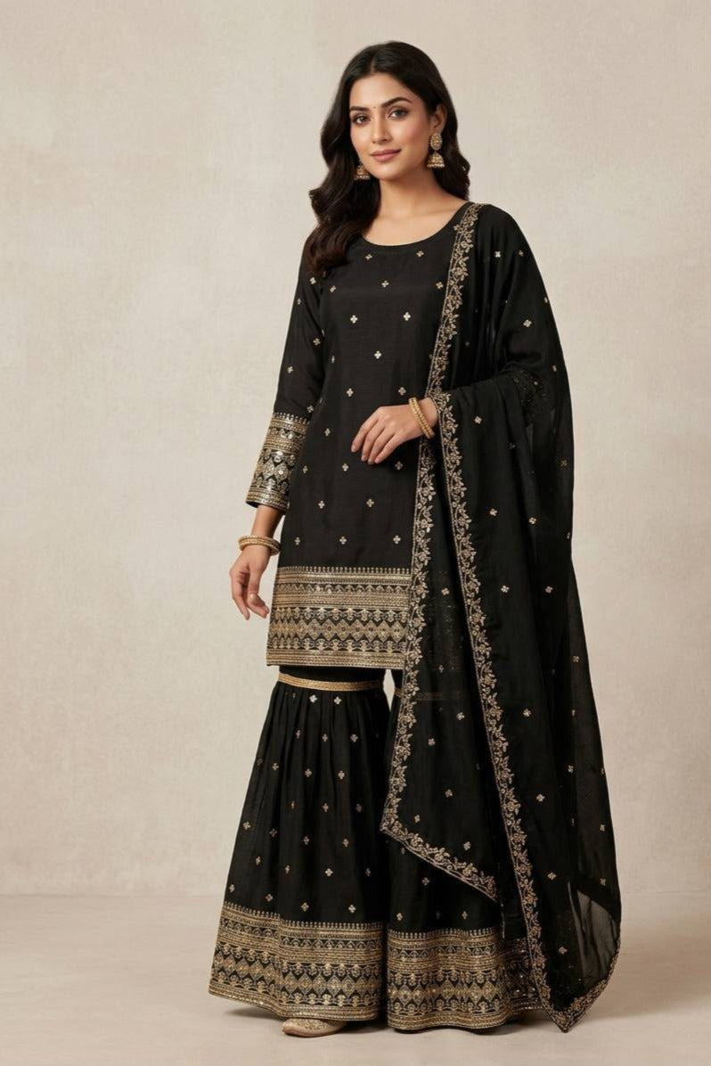 Diwali Special Ready-to-Wear Heavy Vichitra Silk Embroidered Sharara Suit Set