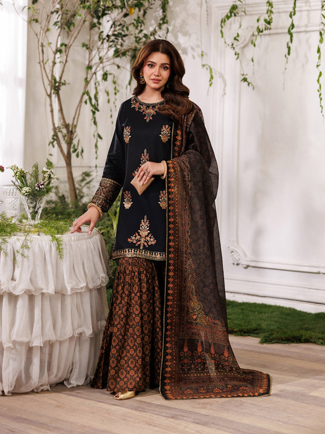 Jet Black &amp; Copper Gold Heavy Embroidered Charmeuse Silk 3-Piece Suit | Ready To Wear