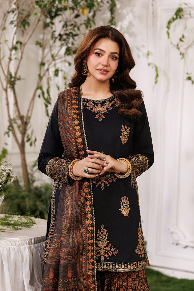 Jet Black &amp; Copper Gold Heavy Embroidered Charmeuse Silk 3-Piece Suit | Ready To Wear