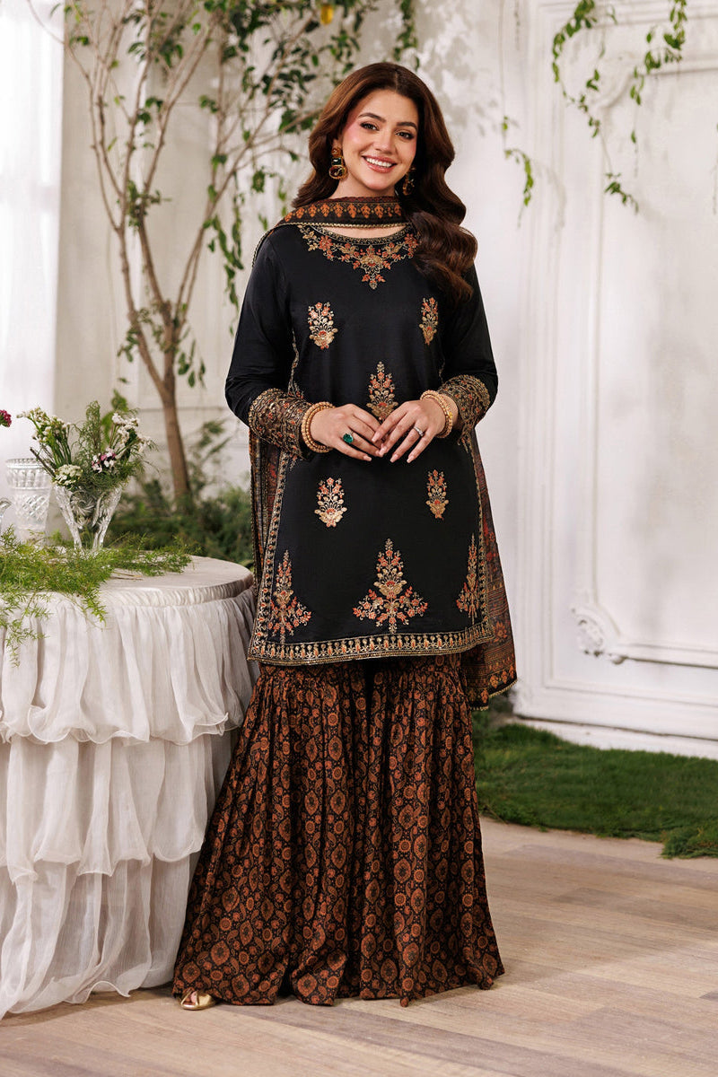 Jet Black &amp; Copper Gold Heavy Embroidered Charmeuse Silk 3-Piece Suit | Ready To Wear