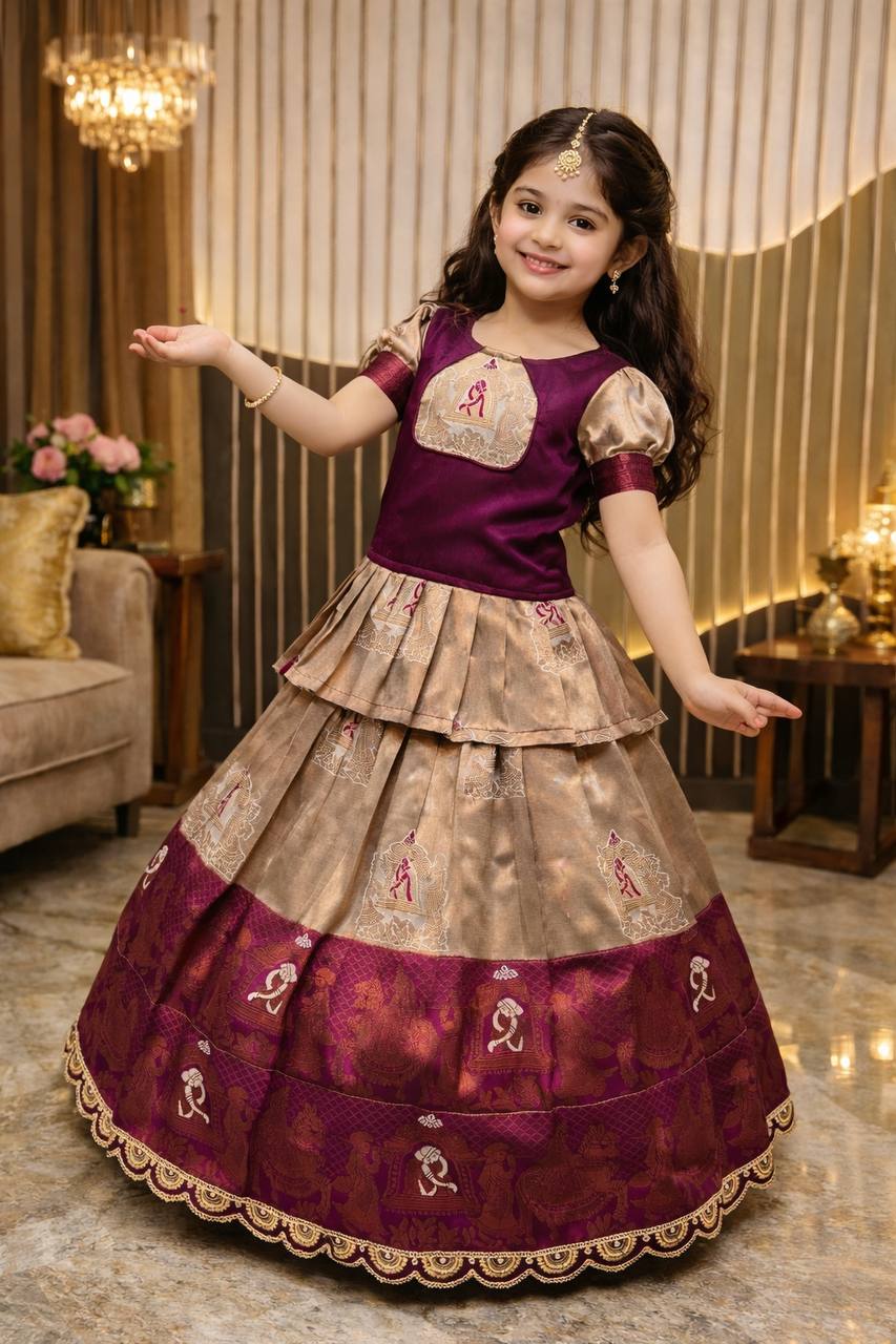 Premium  Silk  Pallaku Design Lehenga For Kids