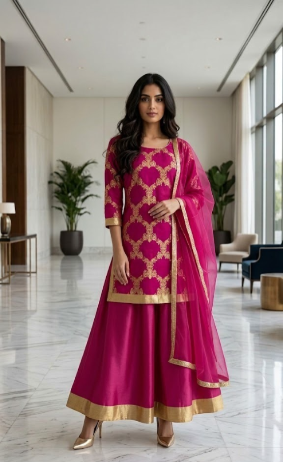 Heavy Rayon Gold Printed Dress With Skirt For Women