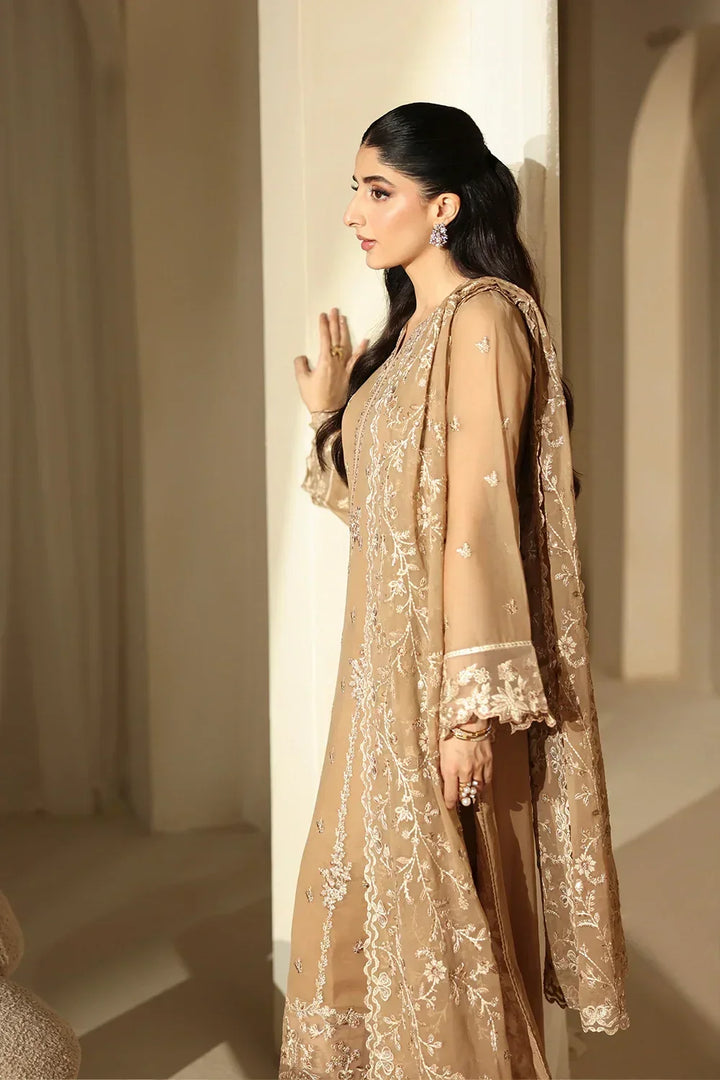 Warm Honey Beige &amp; Ivory: Embroidered Chiffon Suit | Ready To Wear