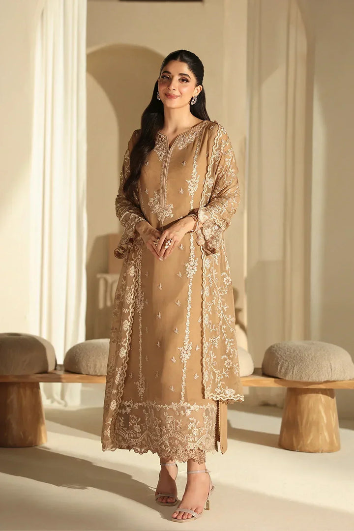 Warm Honey Beige &amp; Ivory: Embroidered Chiffon Suit | Ready To Wear