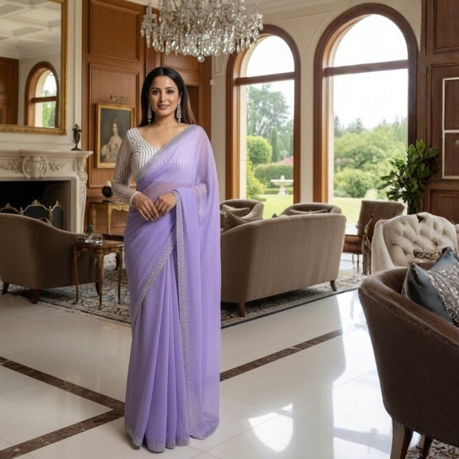 Georgette Saree with Blouse and Diamond Work For Women