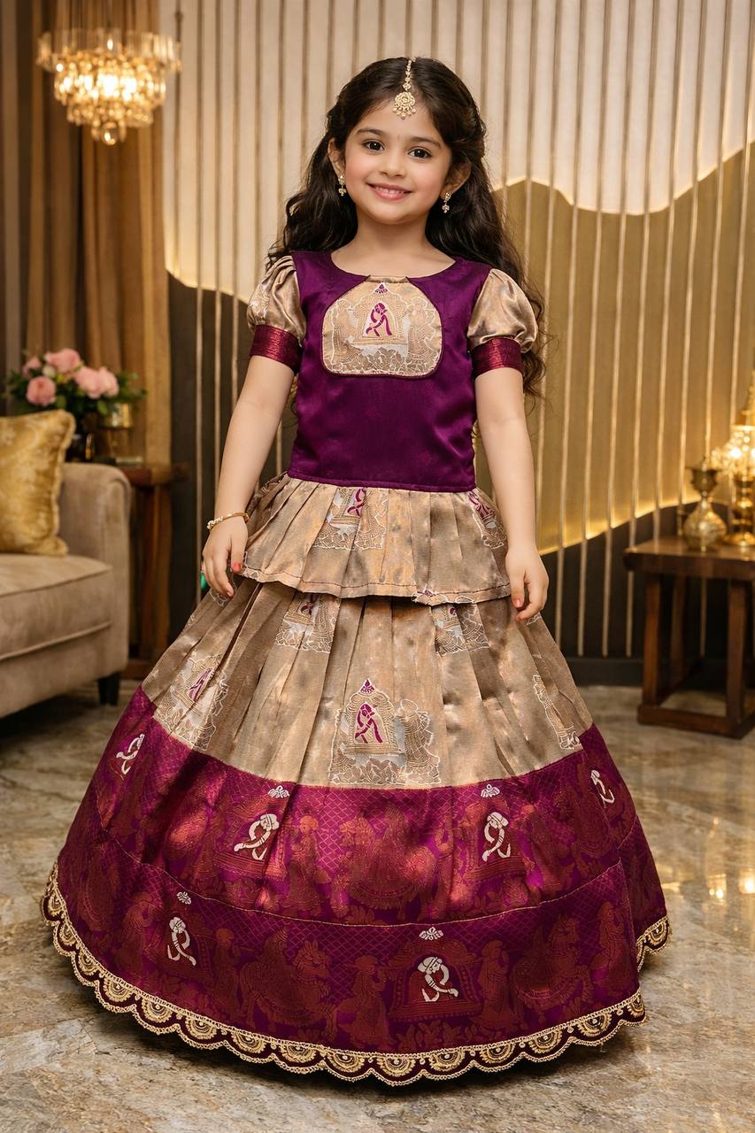 Premium  Silk  Pallaku Design Lehenga For Kids