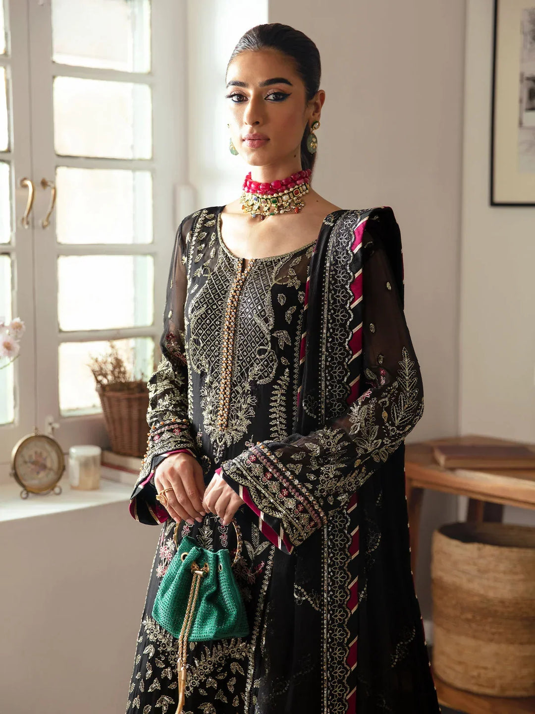 Pitch Black &amp; Metallic Gold: Embroidered Chiffon Suit | Ready To Wear