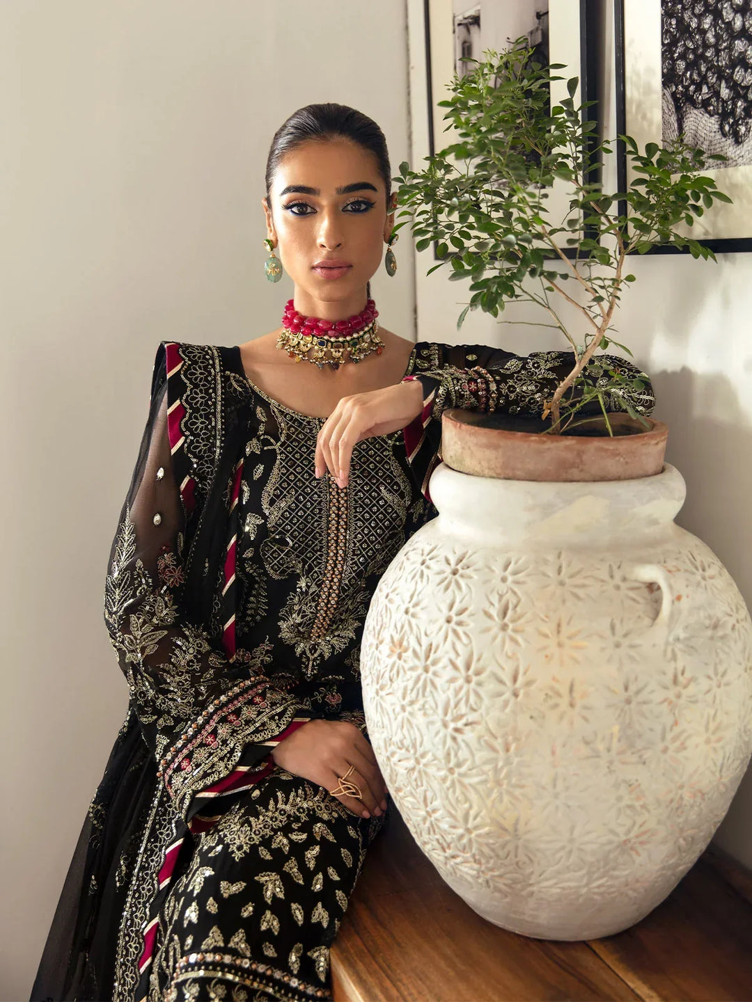 Pitch Black &amp; Metallic Gold: Embroidered Chiffon Suit | Ready To Wear