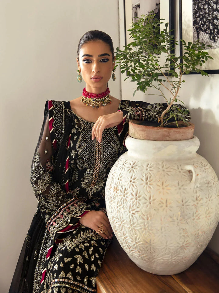 Pitch Black &amp; Metallic Gold: Embroidered Chiffon Suit | Ready To Wear