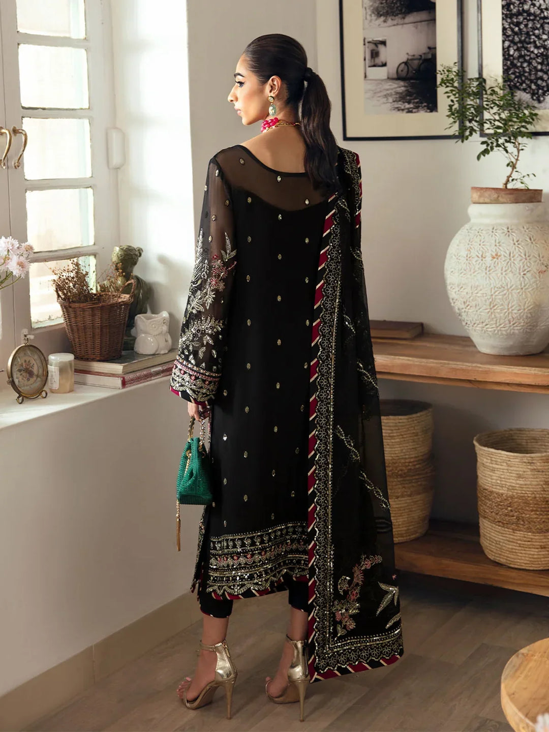 Pitch Black &amp; Metallic Gold: Embroidered Chiffon Suit | Ready To Wear