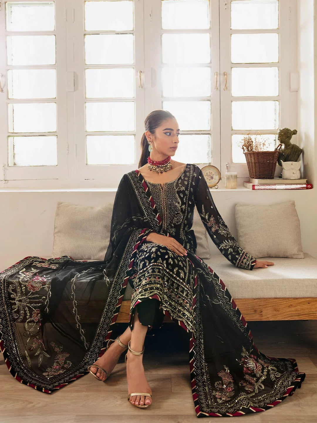 Pitch Black &amp; Metallic Gold: Embroidered Chiffon Suit | Ready To Wear