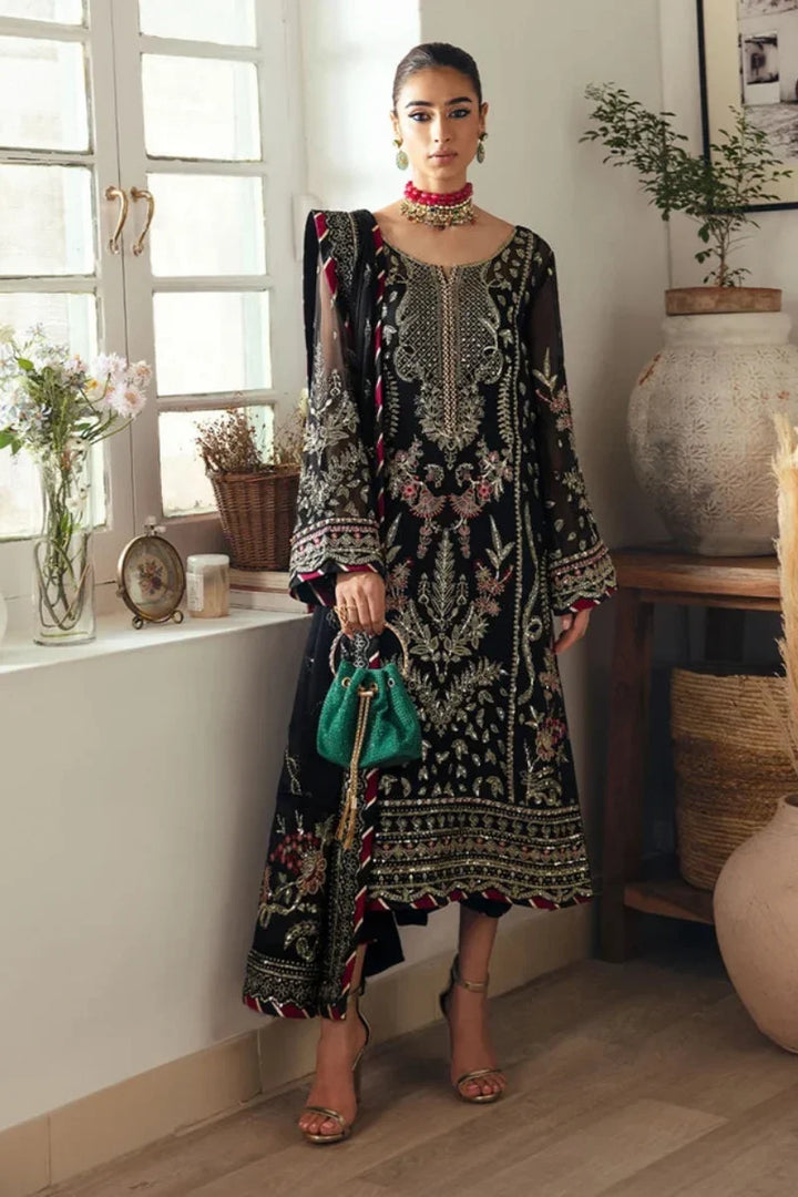 Pitch Black &amp; Metallic Gold: Embroidered Chiffon Suit | Ready To Wear