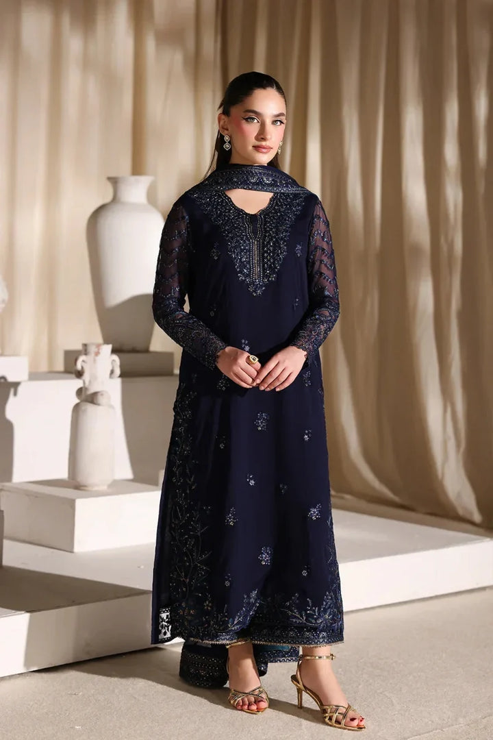 Navy Blue &amp; Metallic Accent: Embroidered Chiffon Suit | Ready To Wear