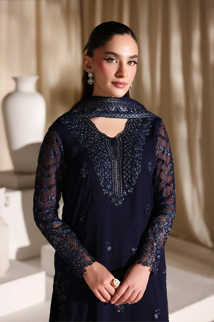 Navy Blue &amp; Metallic Accent: Embroidered Chiffon Suit | Ready To Wear