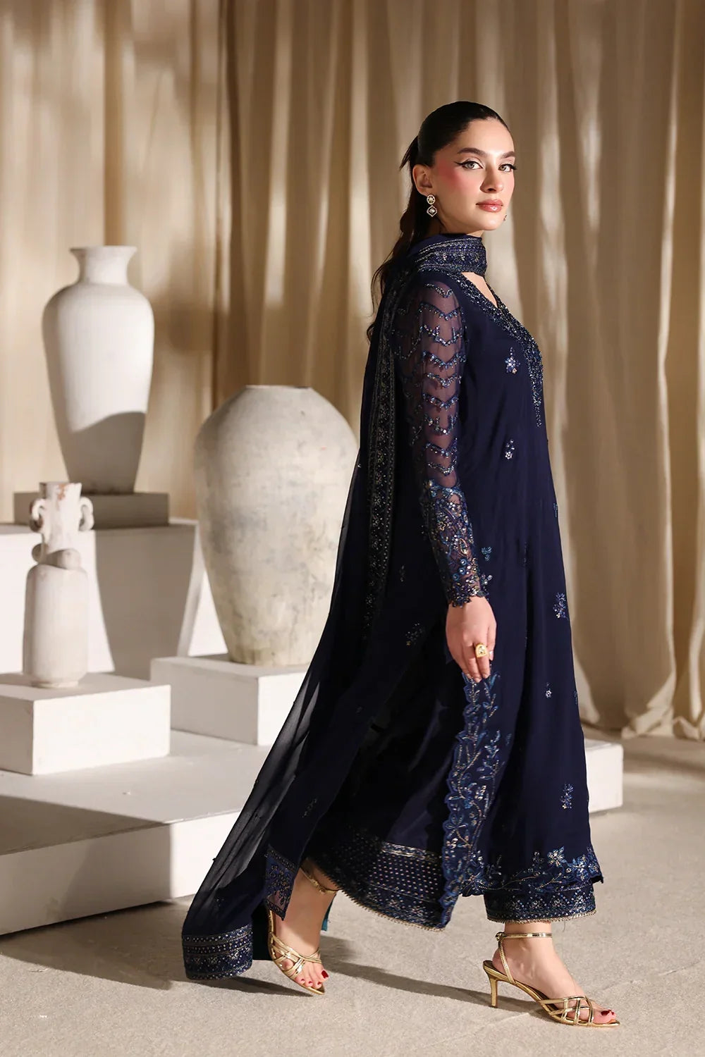 Navy Blue &amp; Metallic Accent: Embroidered Chiffon Suit | Ready To Wear