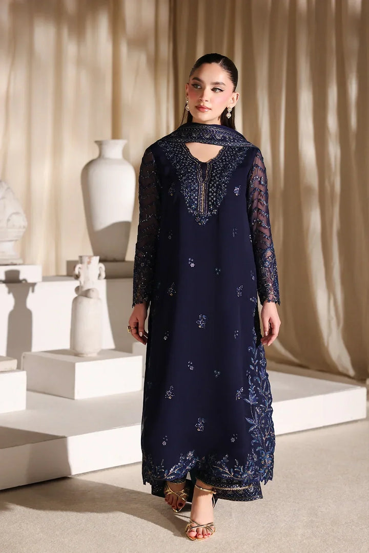 Navy Blue &amp; Metallic Accent: Embroidered Chiffon Suit | Ready To Wear