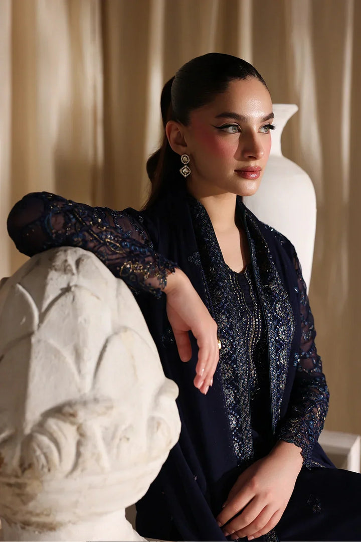 Navy Blue &amp; Metallic Accent: Embroidered Chiffon Suit | Ready To Wear