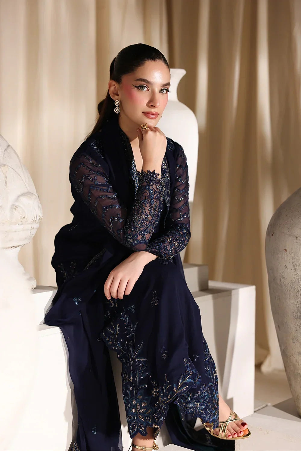 Navy Blue &amp; Metallic Accent: Embroidered Chiffon Suit | Ready To Wear
