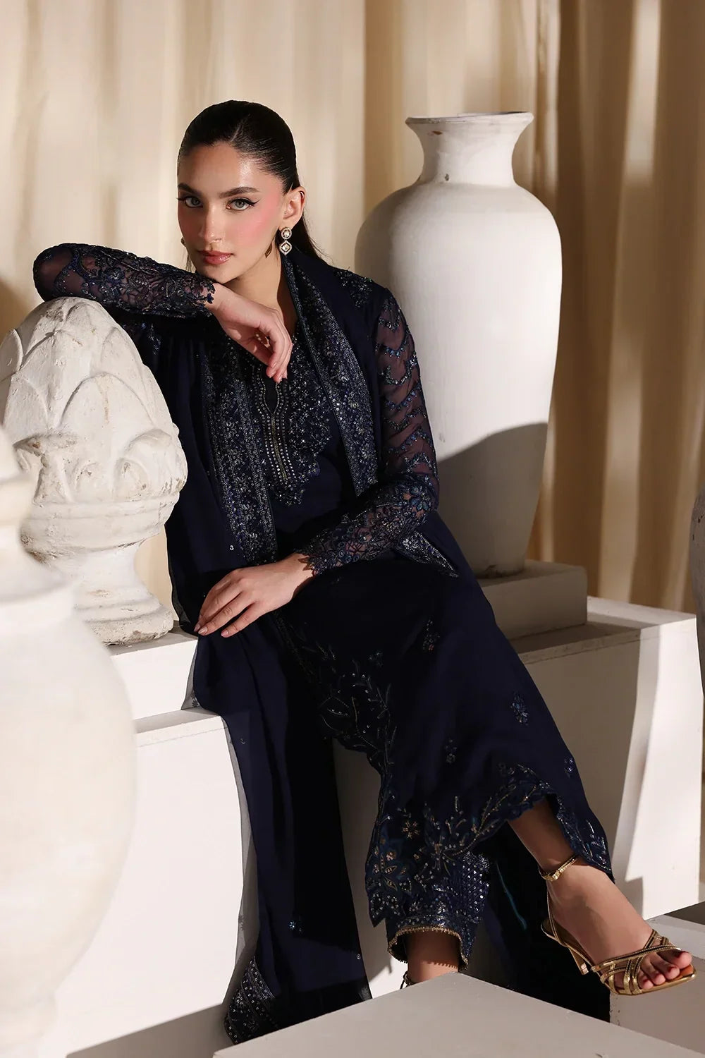 Navy Blue &amp; Metallic Accent: Embroidered Chiffon Suit | Ready To Wear