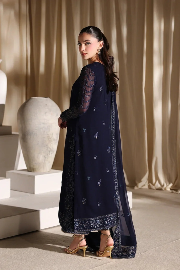 Navy Blue &amp; Metallic Accent: Embroidered Chiffon Suit | Ready To Wear